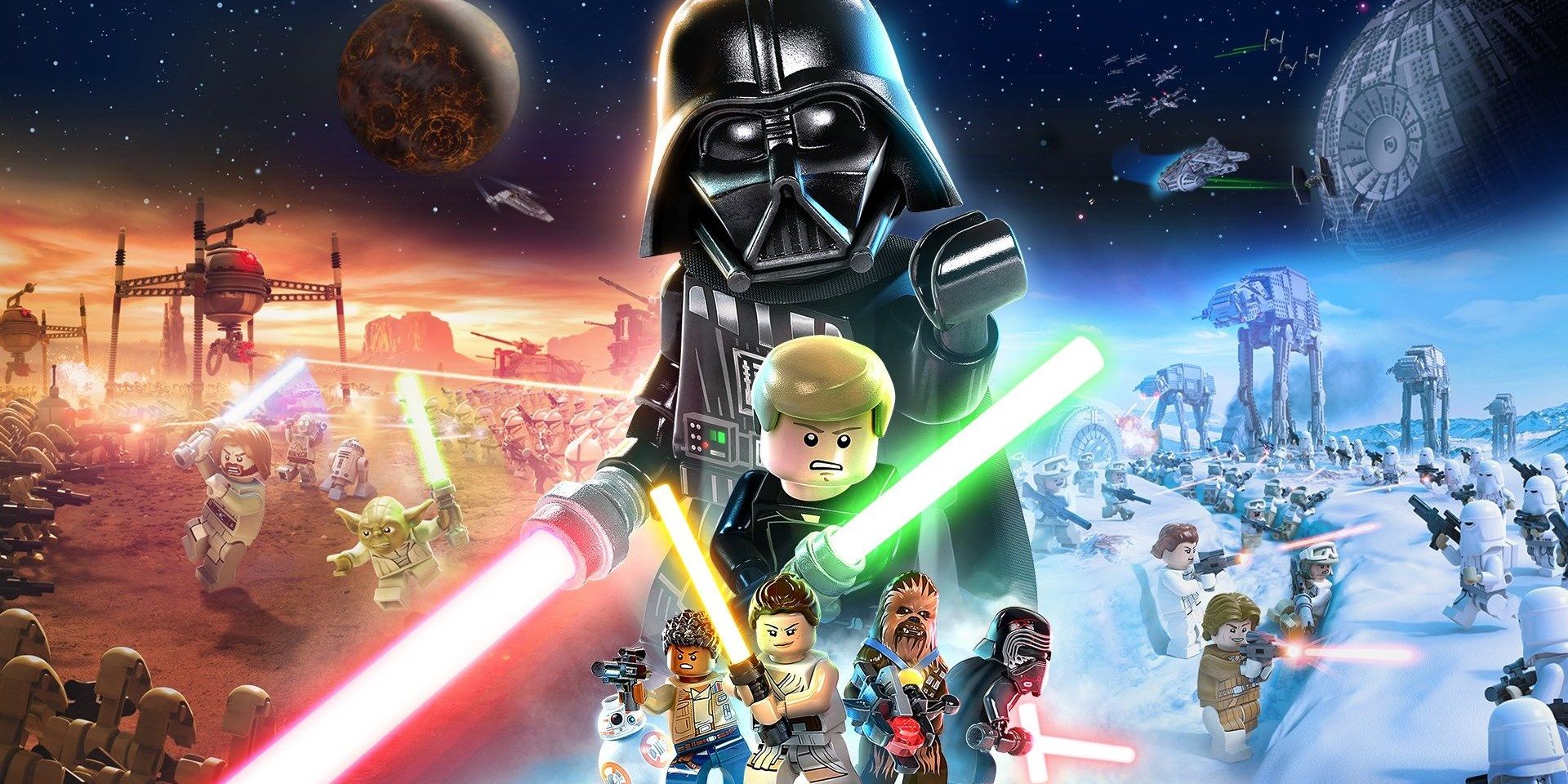 Various Lego Star Wars character (including Darth Vader) with lightsabers