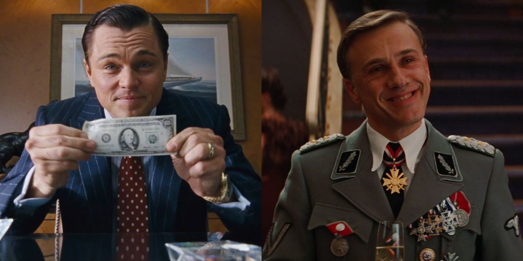 Split image of Leonardo DiCaprio in The Wolf of Wall Street and Christoph Waltz in Inglourious Basterds