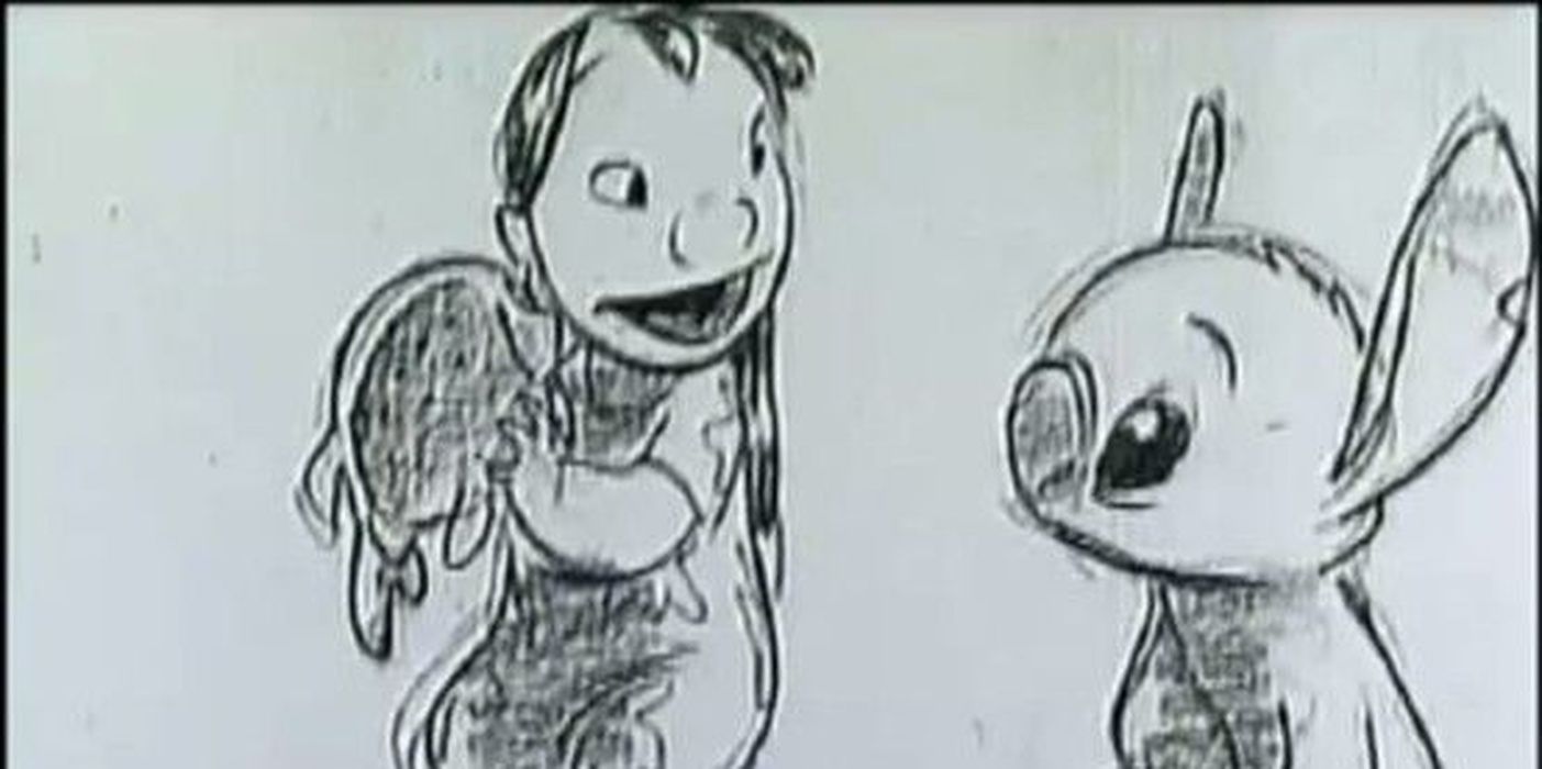 A storyboard from Lilo and Stitch with Lilo holding Pudge