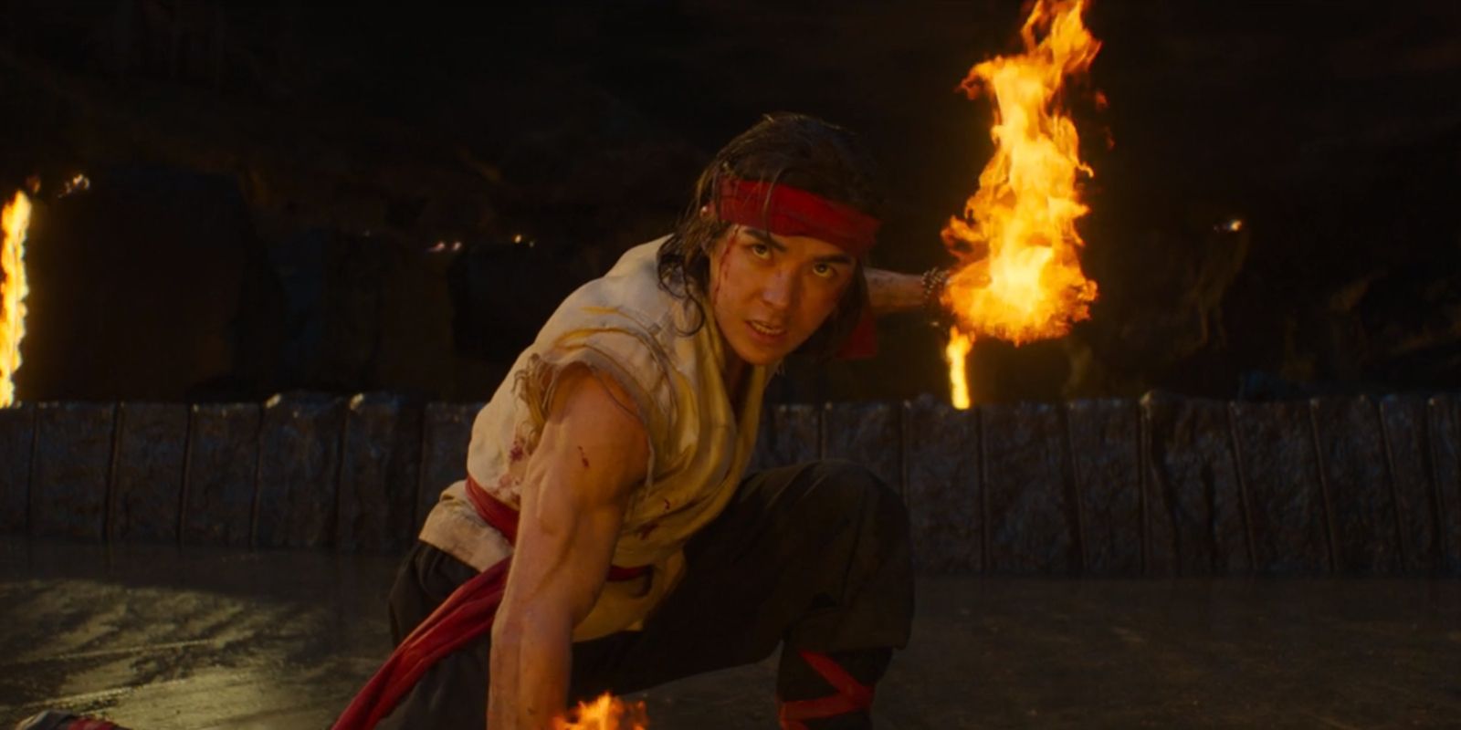 Liu Kang wielding a fire fist in Mortal Kombat 2021