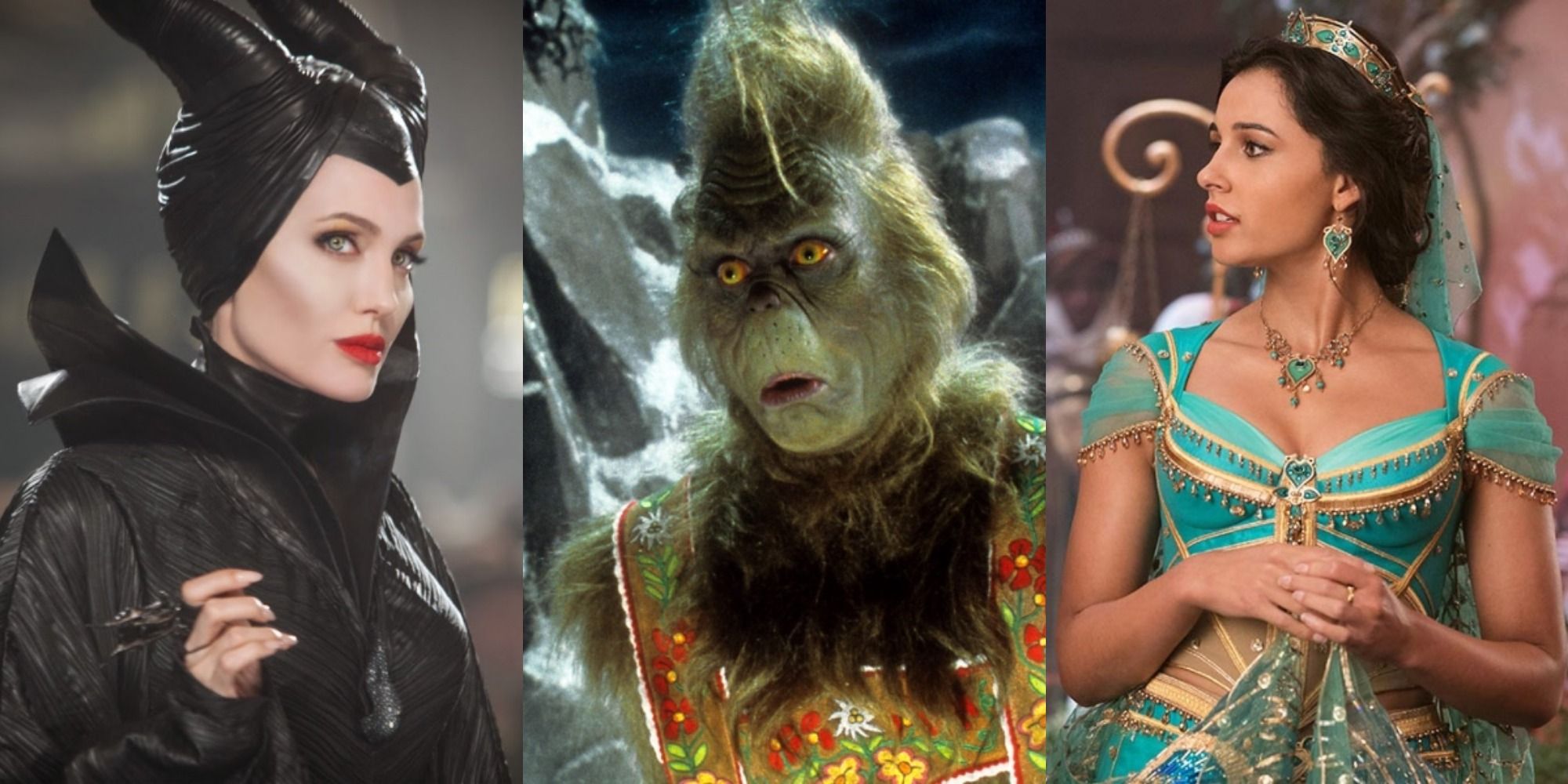 Split image of Maleficent, The Grinch, and Jasmine