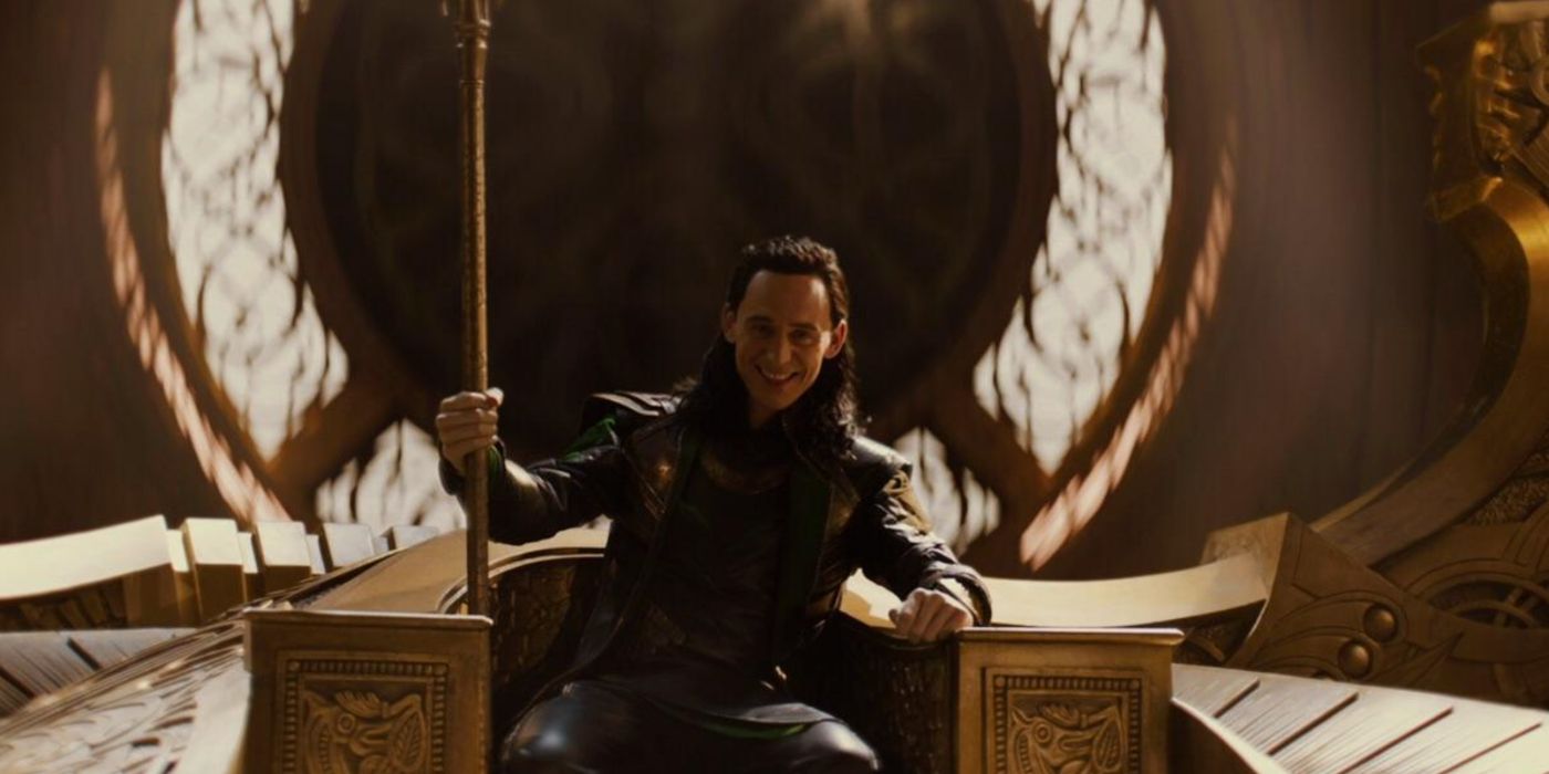 Loki sitting down in the throne of Asgard in Thor