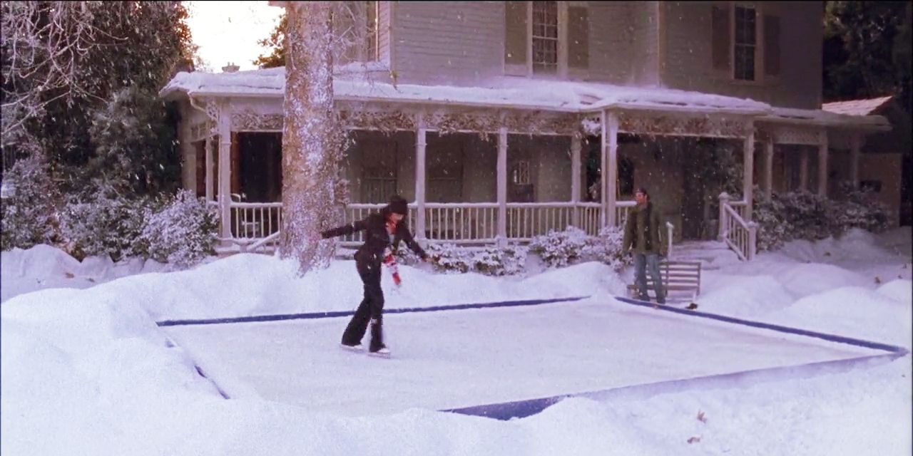 Lorelai skates on the ice rink Luke built her in Gilmore Girls episode Women of Questionable Morals