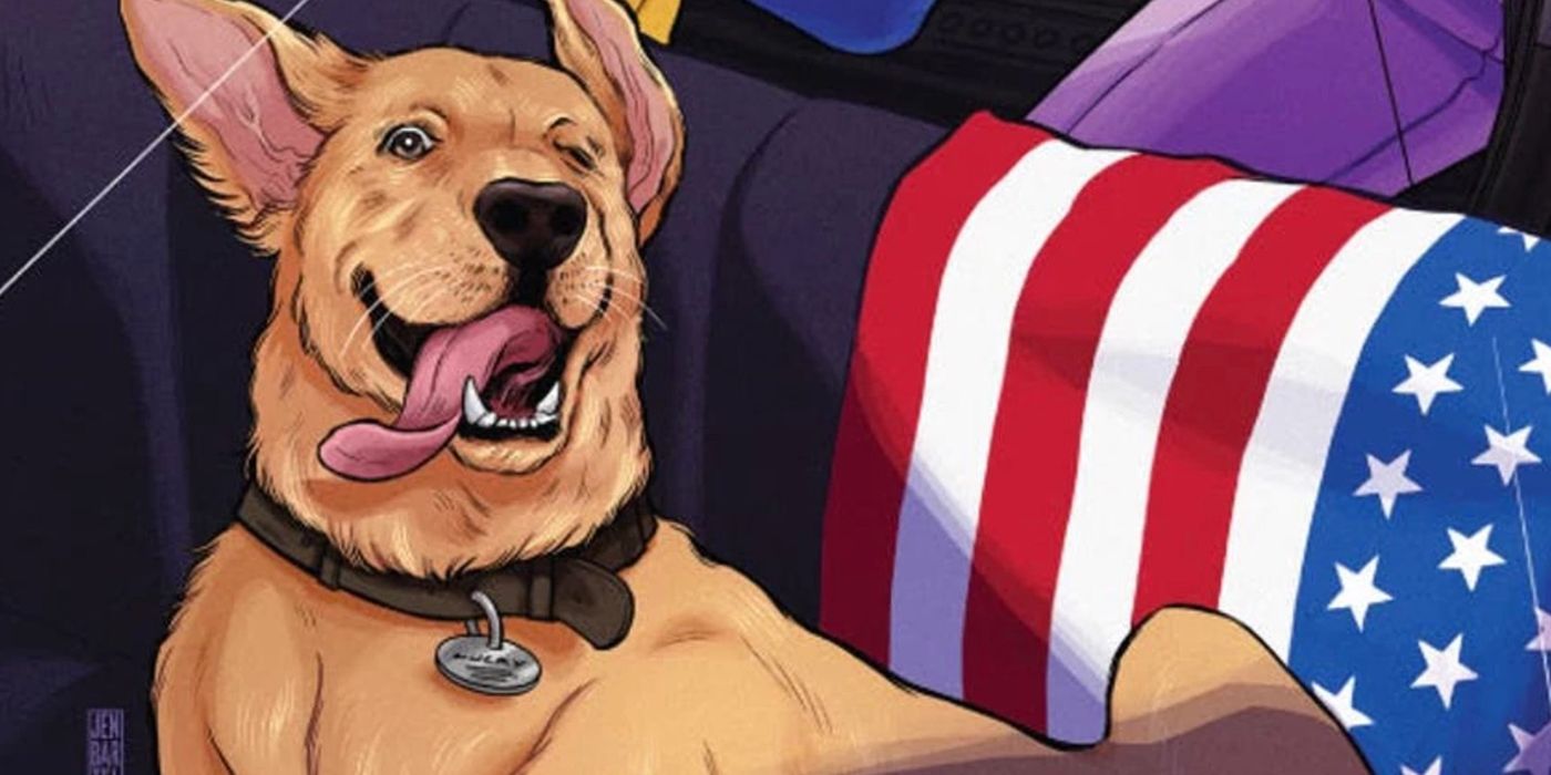 Lucky the Pizza Dog lying on a couch in Hawkeye comics.