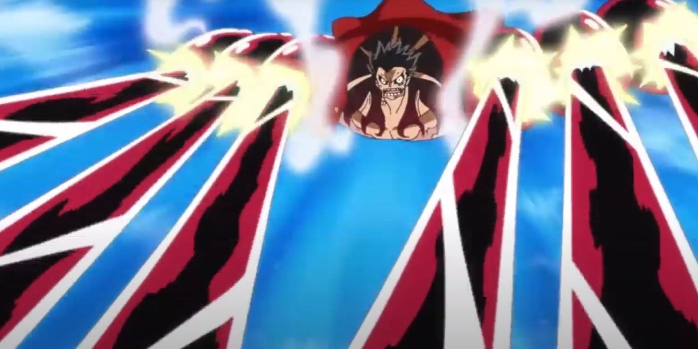 Gear 4 Luffy employing an attack in One Piece