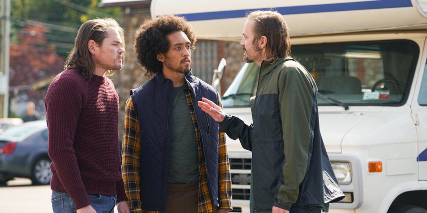 Pete, Kory, and Jace arguing in front of their RV in Manifest.