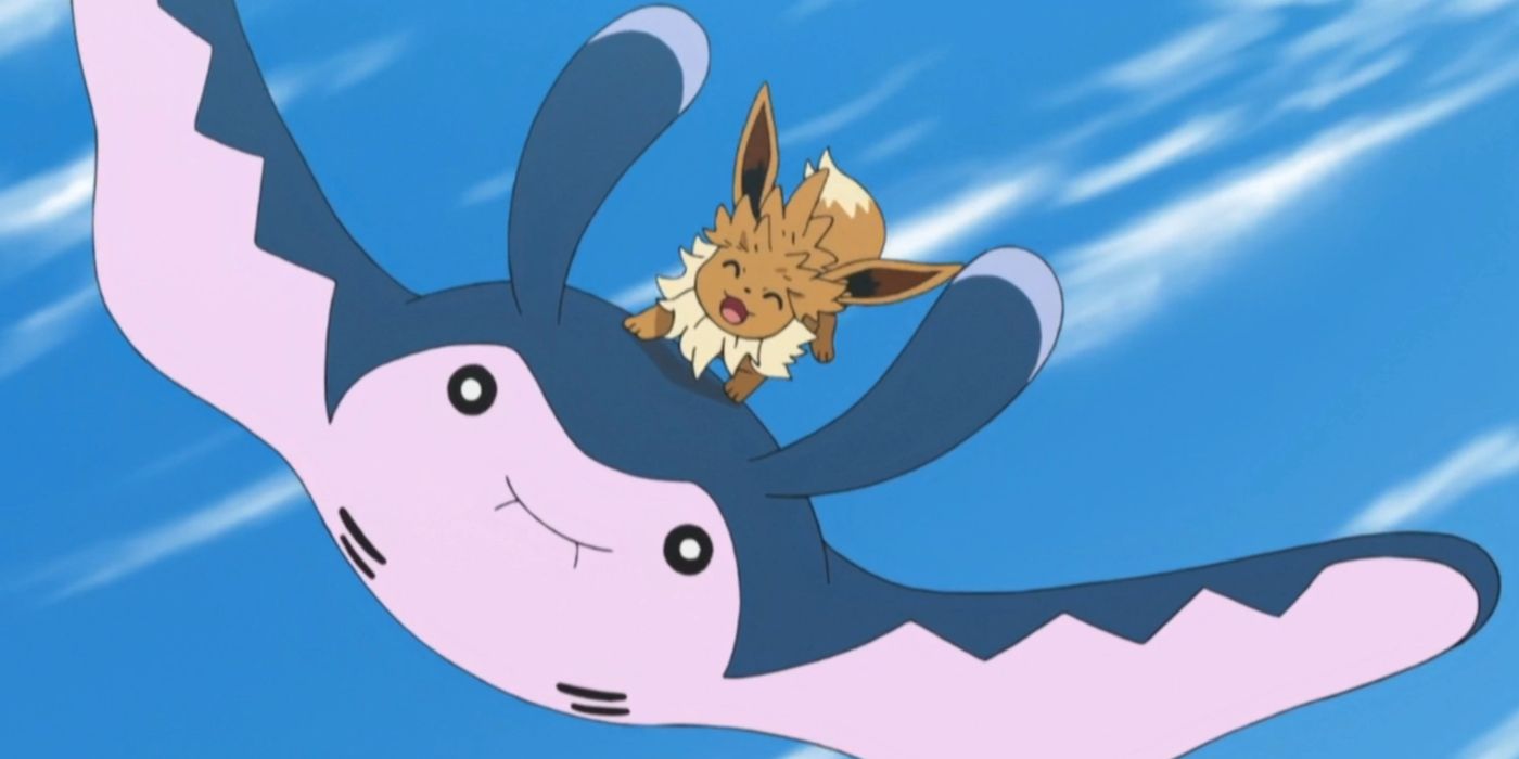 A Mantine flying while carrying an Eevee on its back in the Pokémon anime.