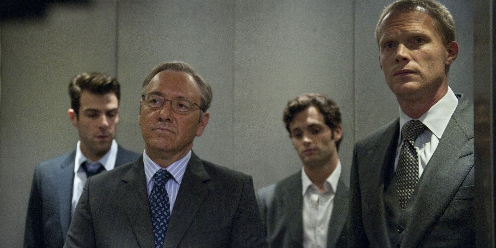 Kevin Spacey, Zachary Quinto, Paul Bettany in an elevator in Margin Call