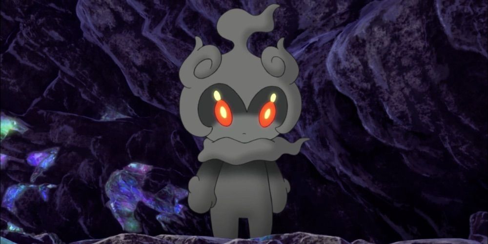 Marshadow stands in a cave in the Pokemon anime.