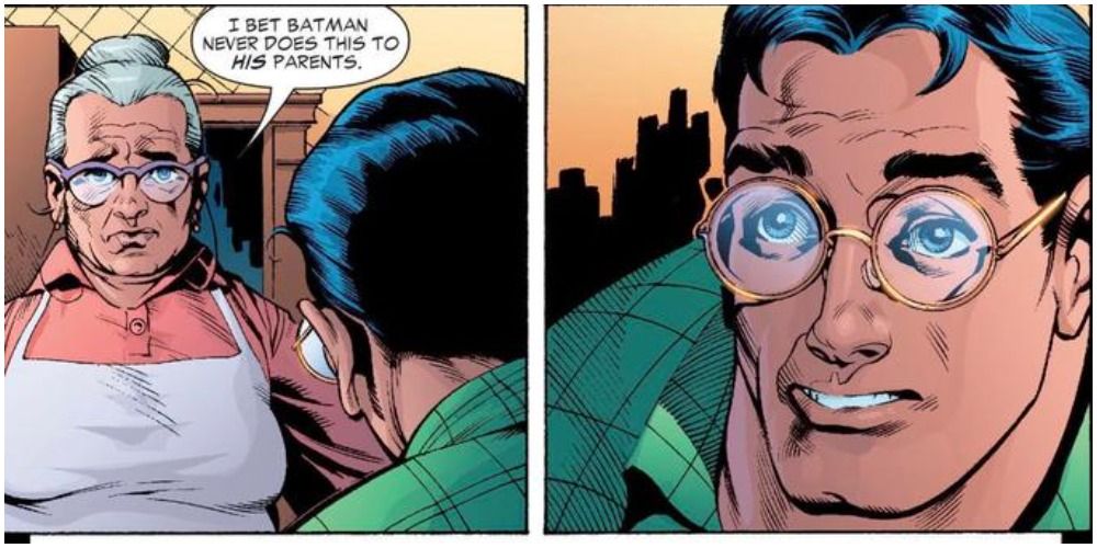 Martha Kent unintentionally insulting Batman with Clark Kent looking in shock
