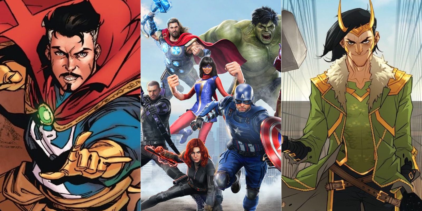 Marvel's Avengers - split image of Doctor Strange, a group of Avengers, and Loki