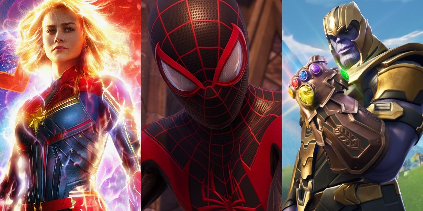 Main image with Captain Marvel, Miles Morales Spider-Man, and Thanos in Fortnite