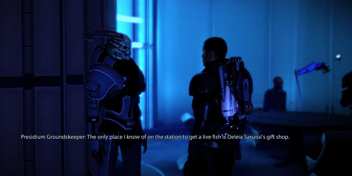 Shepard talks to a Presidium Groundskeeper in a night club on the Citadel in Mass Effect 2