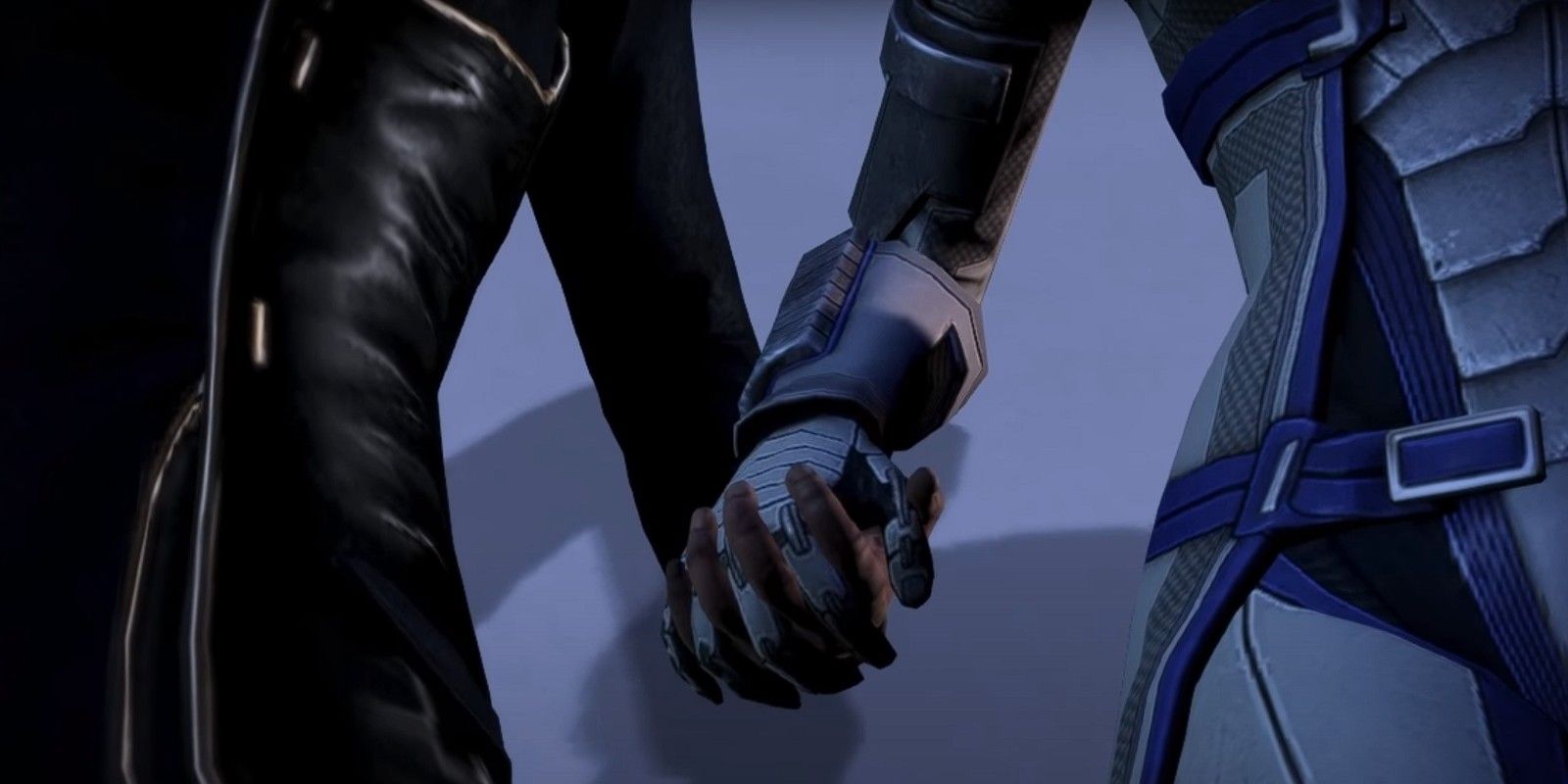 Liara and female Shepard hold hands in bed in Mass Effect 3