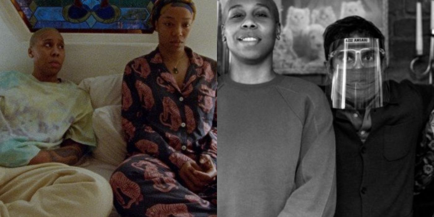 Split image of Naomie Ackie and Lena Waithe on bed and shooting Master of None with masks