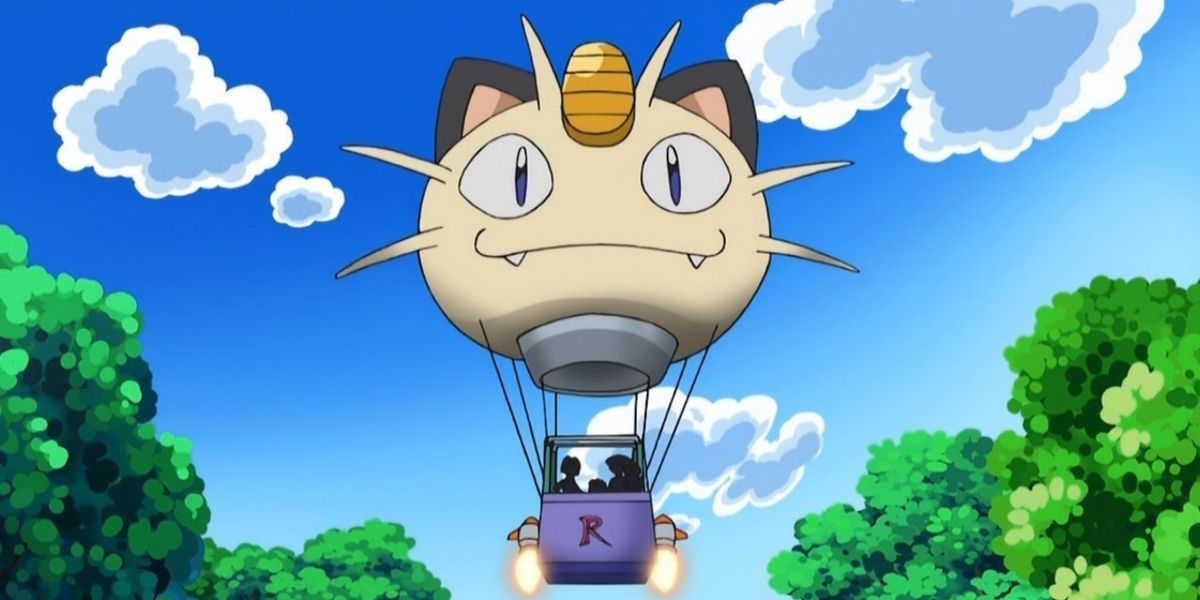 Team Rocket in their Meowth air balloon in the Pokémon anime