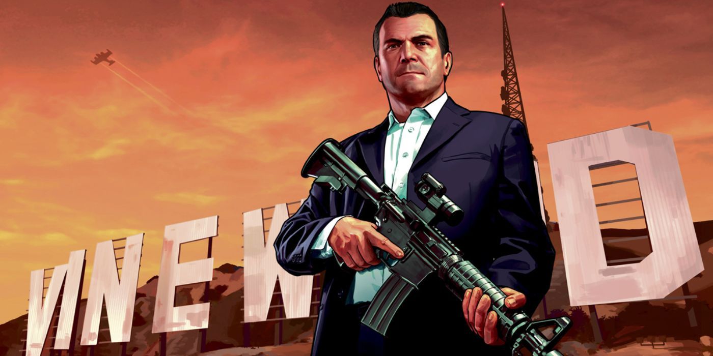 Michael holding a rifle behind the Vinewood sign.