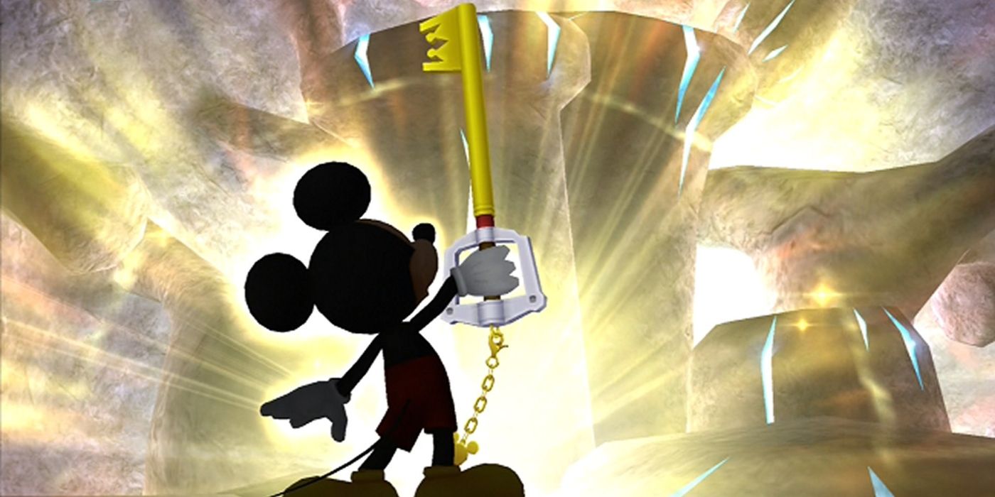 Mickey holds the Keyblade In Kingdom Hearts