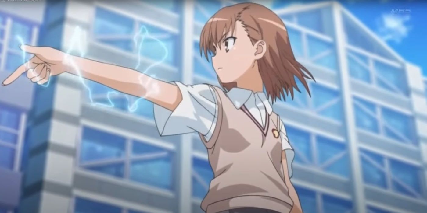 Mikoto Misaka pointing, with an arm surrounded by electricity, in A Certain Scientific Railgun