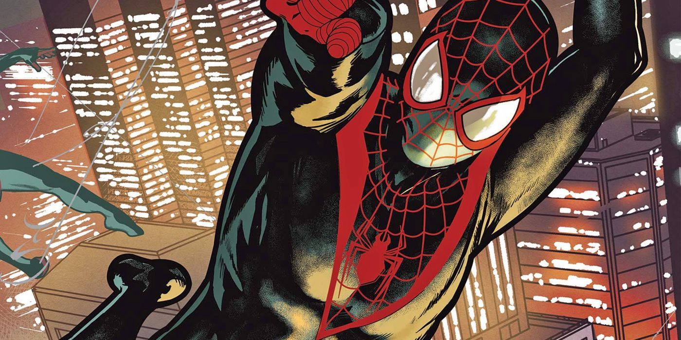 Miles Morales swings from the rooftops of New York City in the comics