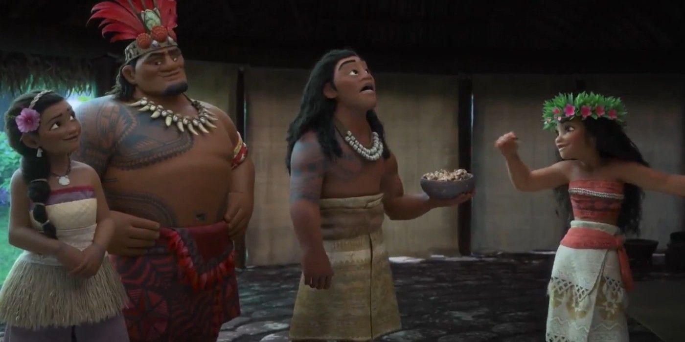 Moana trying pork with her family in Moana