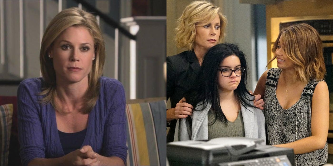 Claire sitting on couch and Claire and Haley standing with Alex Modern Family featured image