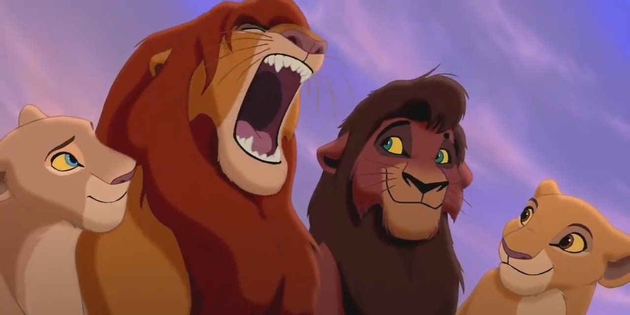 Nala, Novu e Kiara em Lion King II olhando para Simba rugindo
