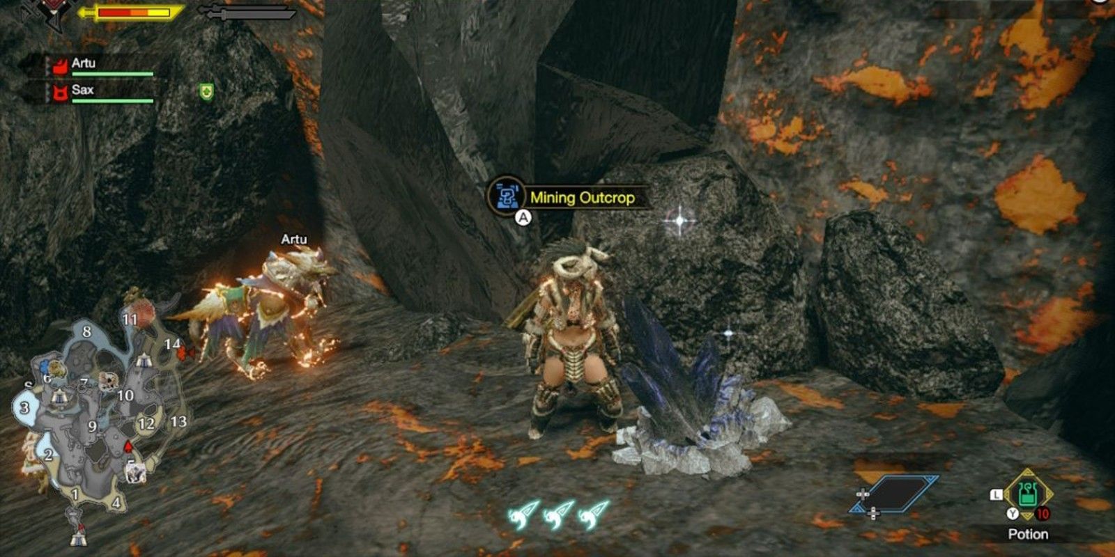A player finds a Mining Outcrop for Dragonite Ore in Monster Hunter: Rise