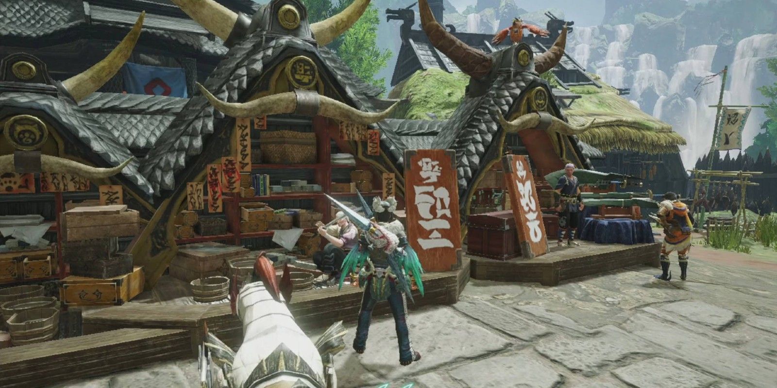 A player finds vendors for armor and weapons in Monster Hunter: Rise