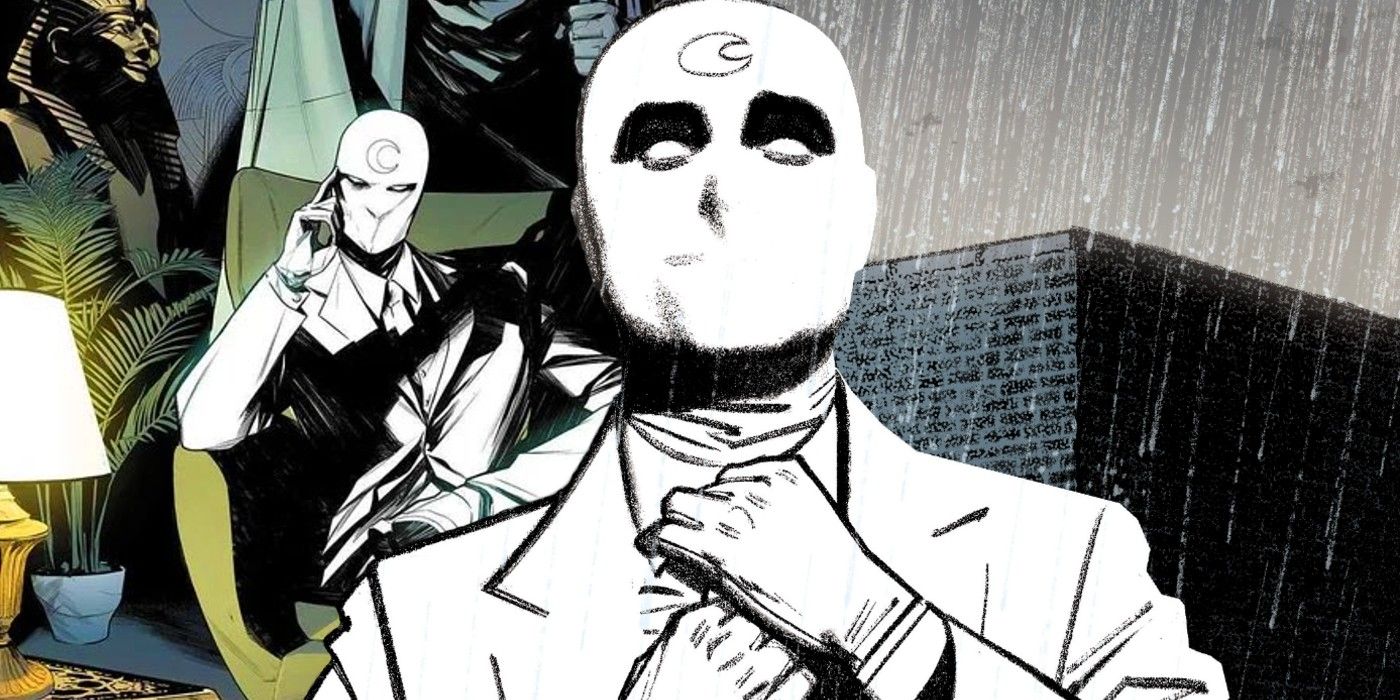 Split image of the Mr. Knight costume from Moon Knight comics.