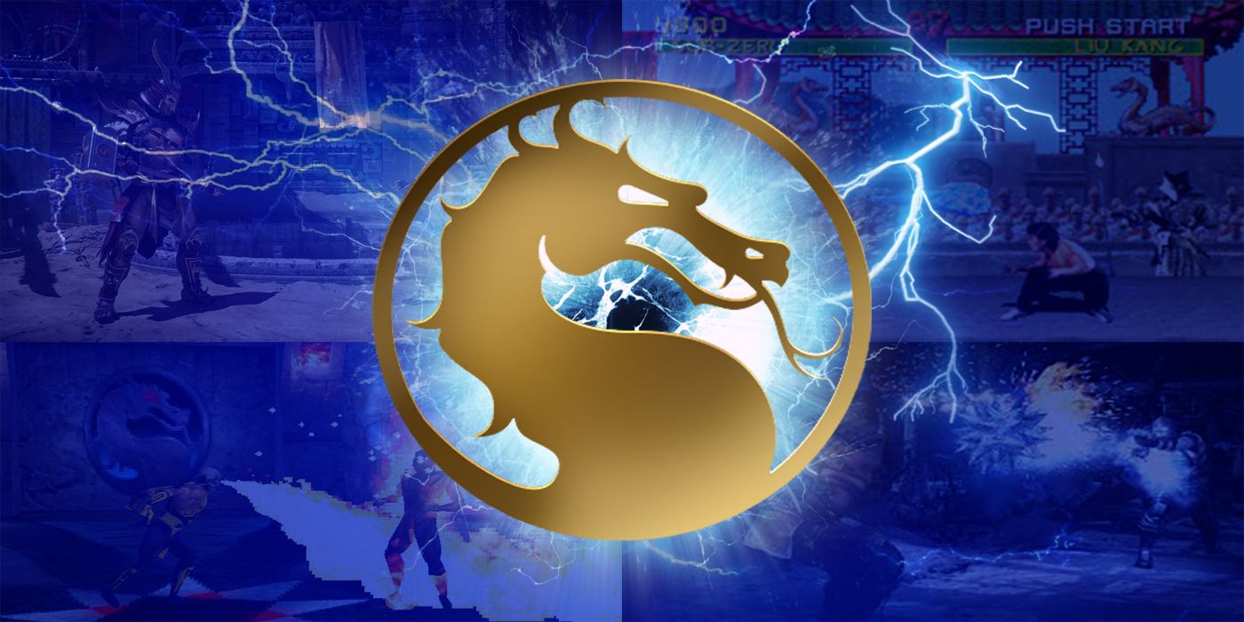 Gold Mortal Kombat Dragon on electric blue, lighning background with feint screenshots of past games.