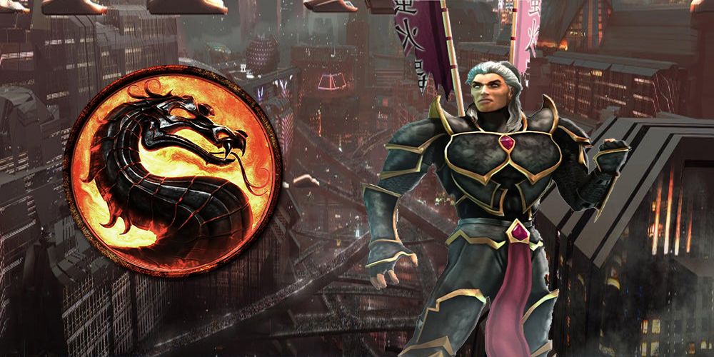 Hotaru from Mortal Kombat Deception in battle ready stance over Seido background and near MK dragon emblem. 