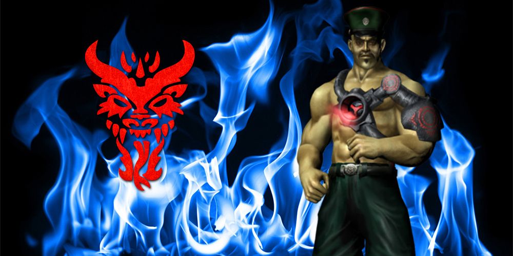 Hsu Hao stand in battle-ready pose from Deadly Alliance over blue flame background and near red dragon symbol.