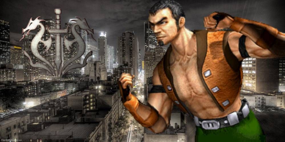 Mortal Kombat IV Jarek vs icon on city background with Black Dragon symbol.
