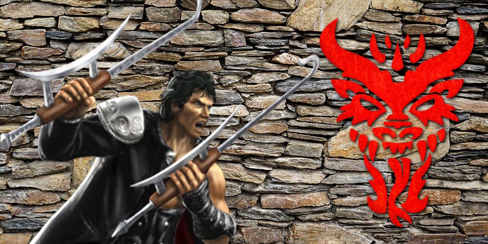 Mavado fight stance from MK Armageddon on stone wall background with hook swords and Red Dragon symbol.