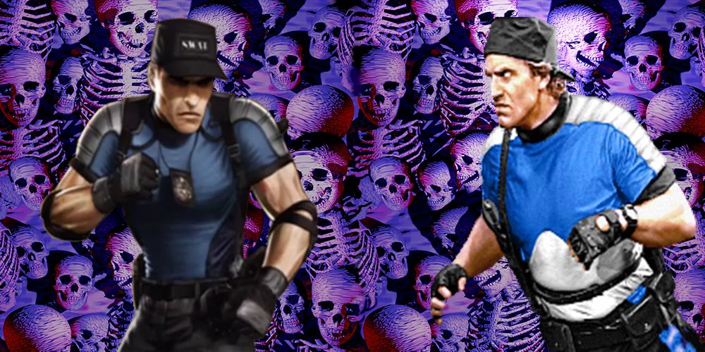Stryker battle poses from Mortal Kombat X and Mortal Kombat 3 on purple skull background from Ultimate Mortal Kombat 3.