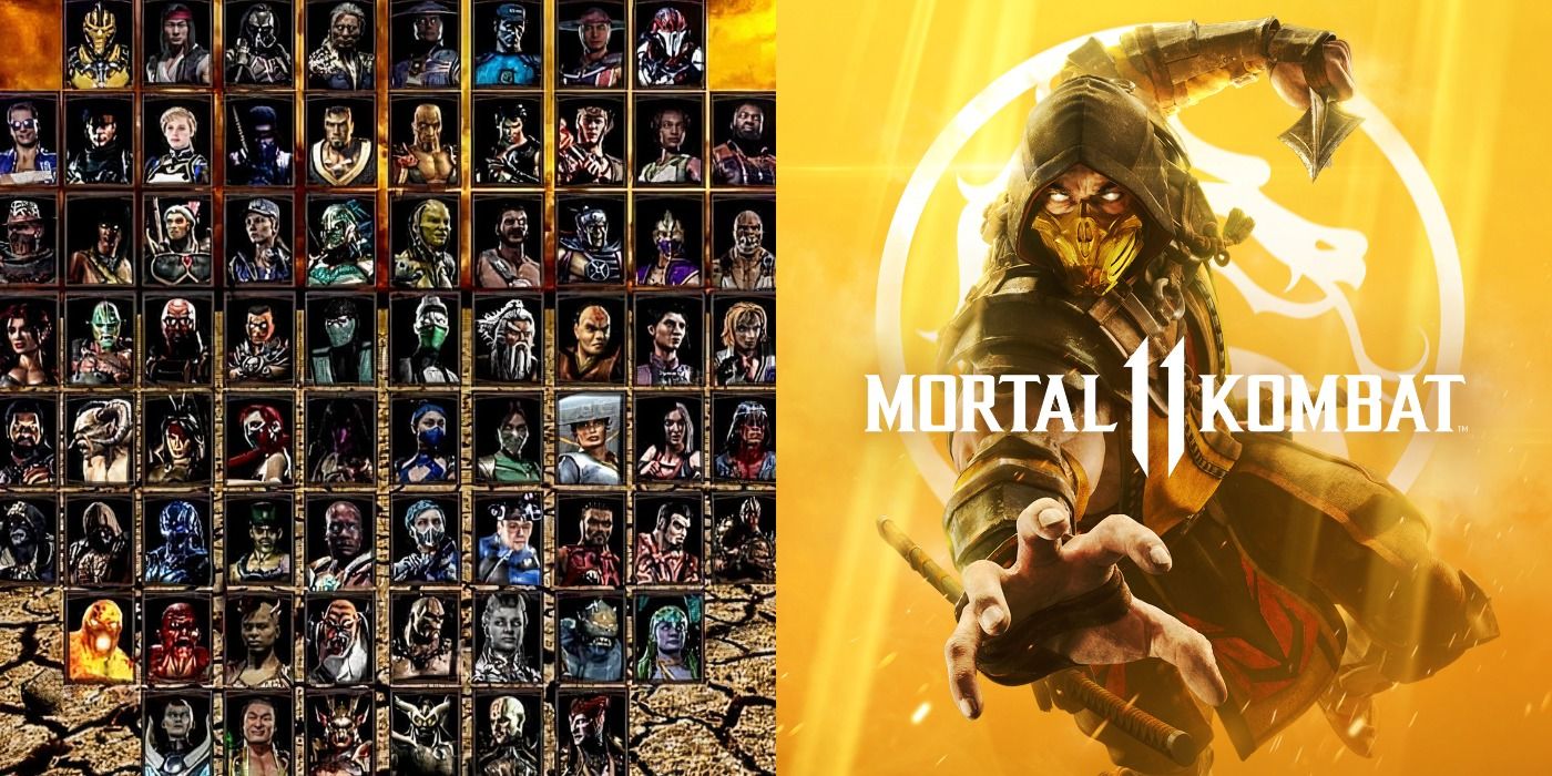 Split image of a gallery of Mortal Kombat characters and the Mortal Kombat 11 promo poster