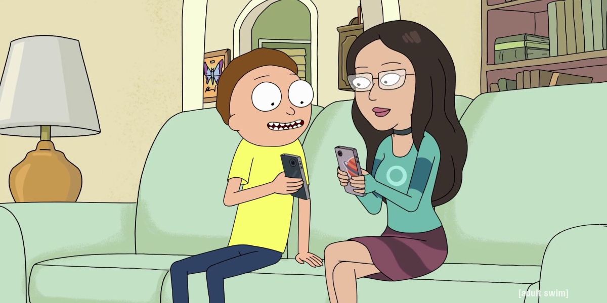 Morty and girlfriend sitting on the couch in Rick and Morty