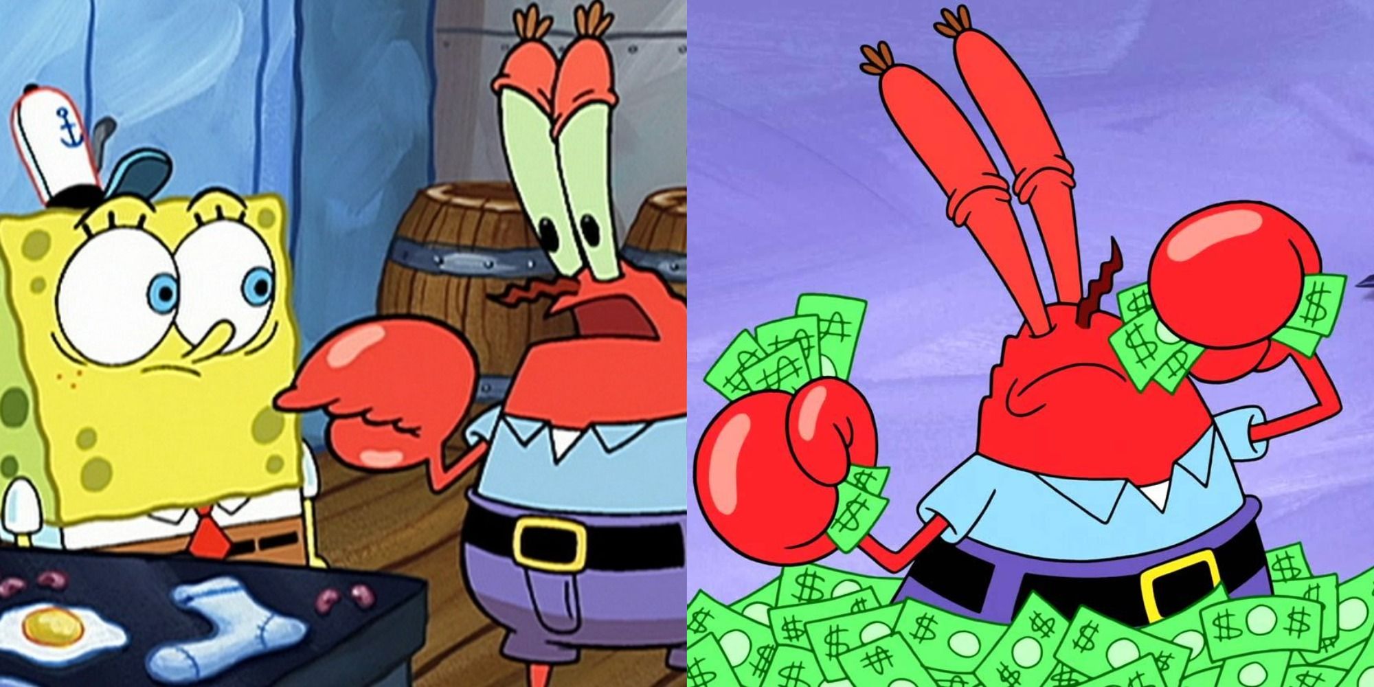 Mr Krabs talking to Spongebob and Mr Krabs in a pile of money