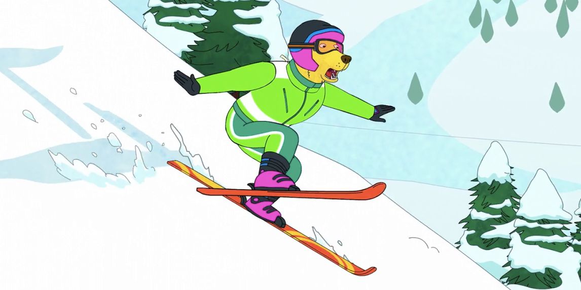 Mr Peanutbutter skiing in BoJack Horseman