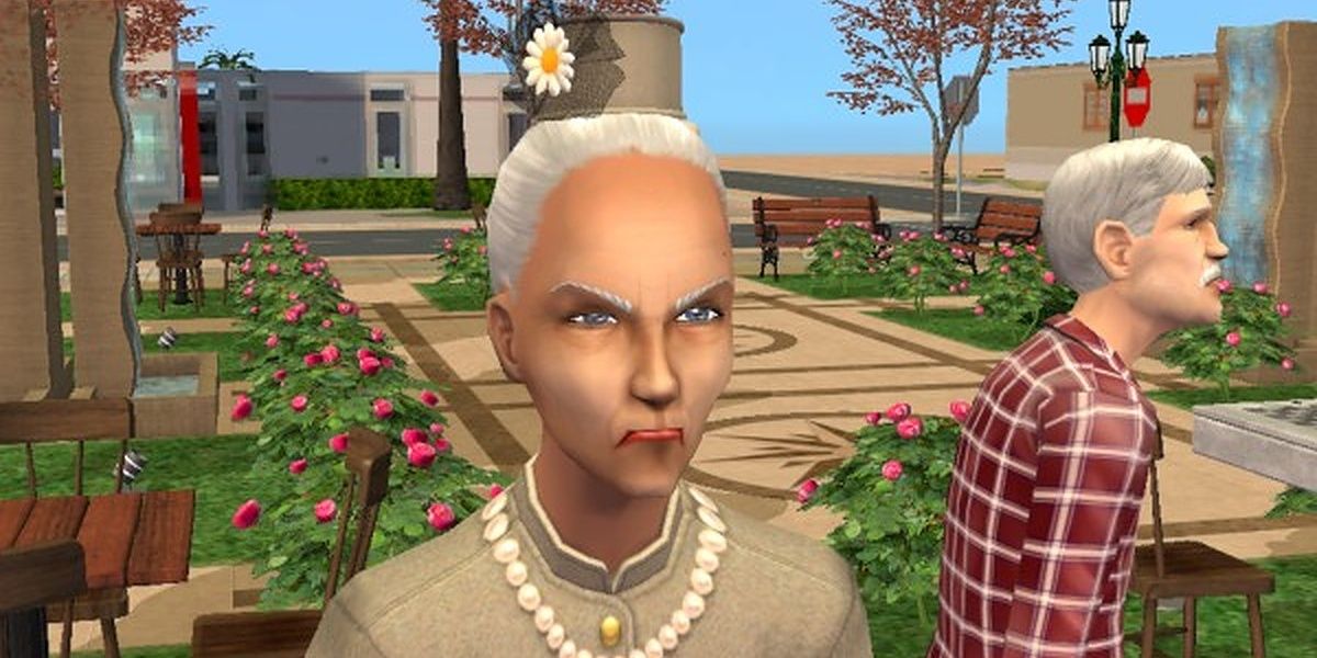 Ms. Crumplebottom frowns at the Sims