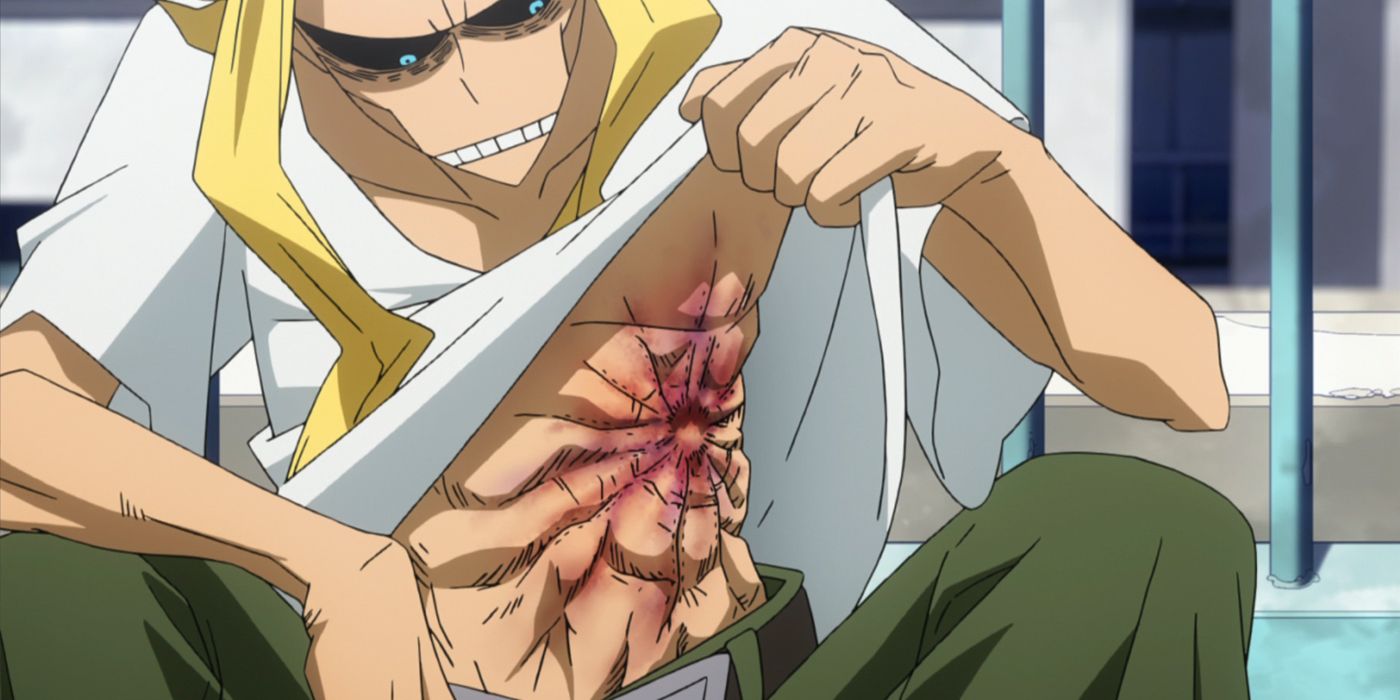 An injured All-Might raising his shirt in My Hero Academia.