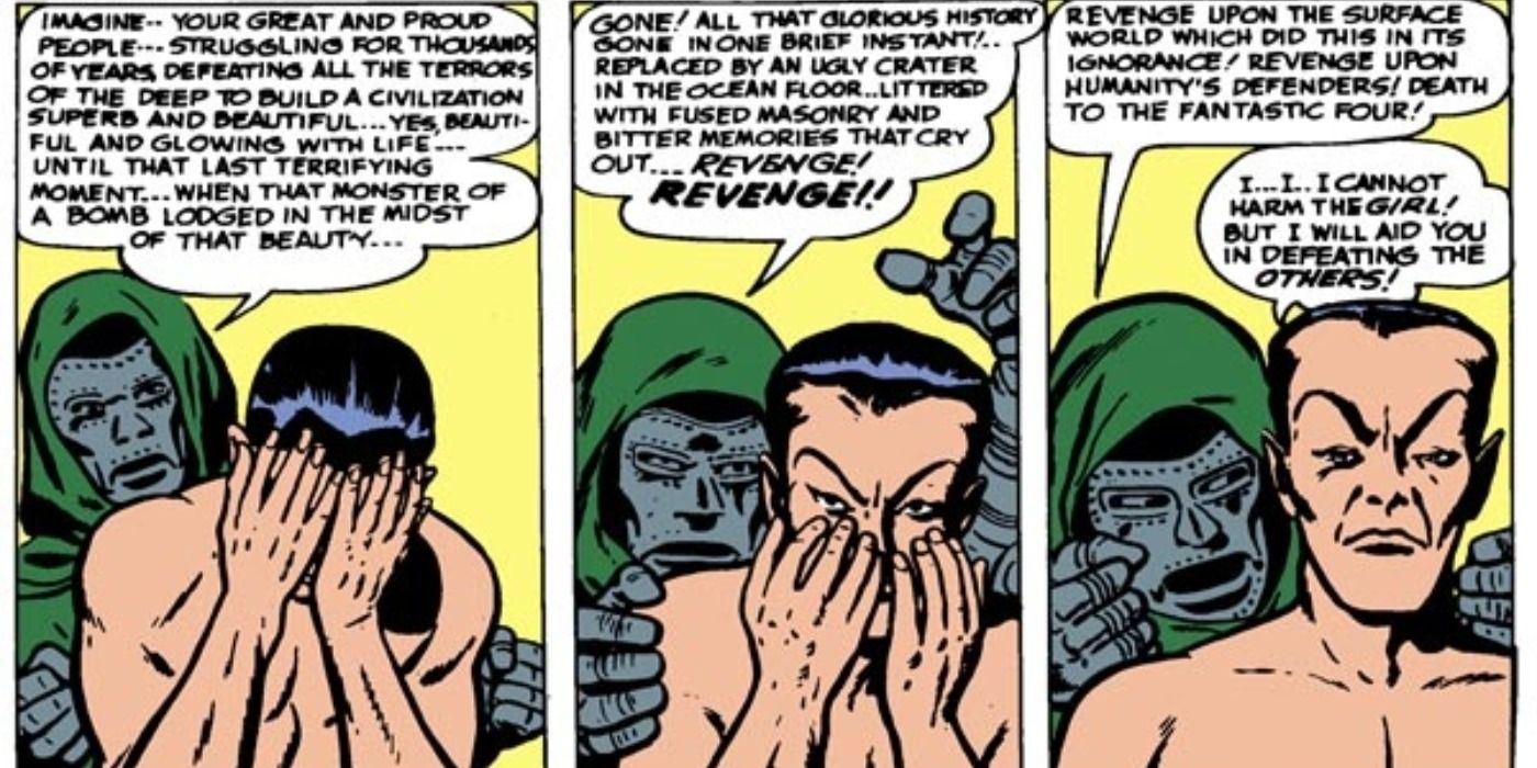 Namor agrees to help Doctor Doom in panel from Marvel comics.