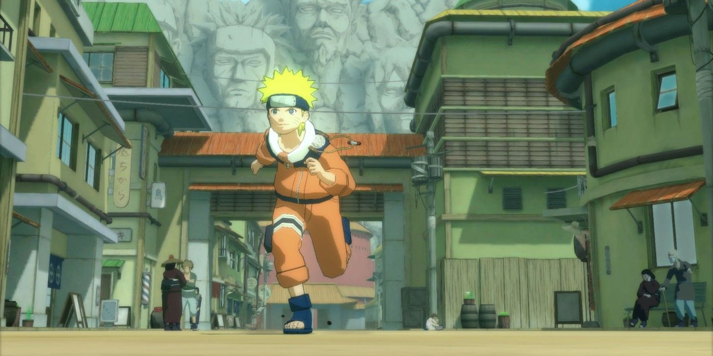 Naruto running through a city in Ninja trilogy game Switch