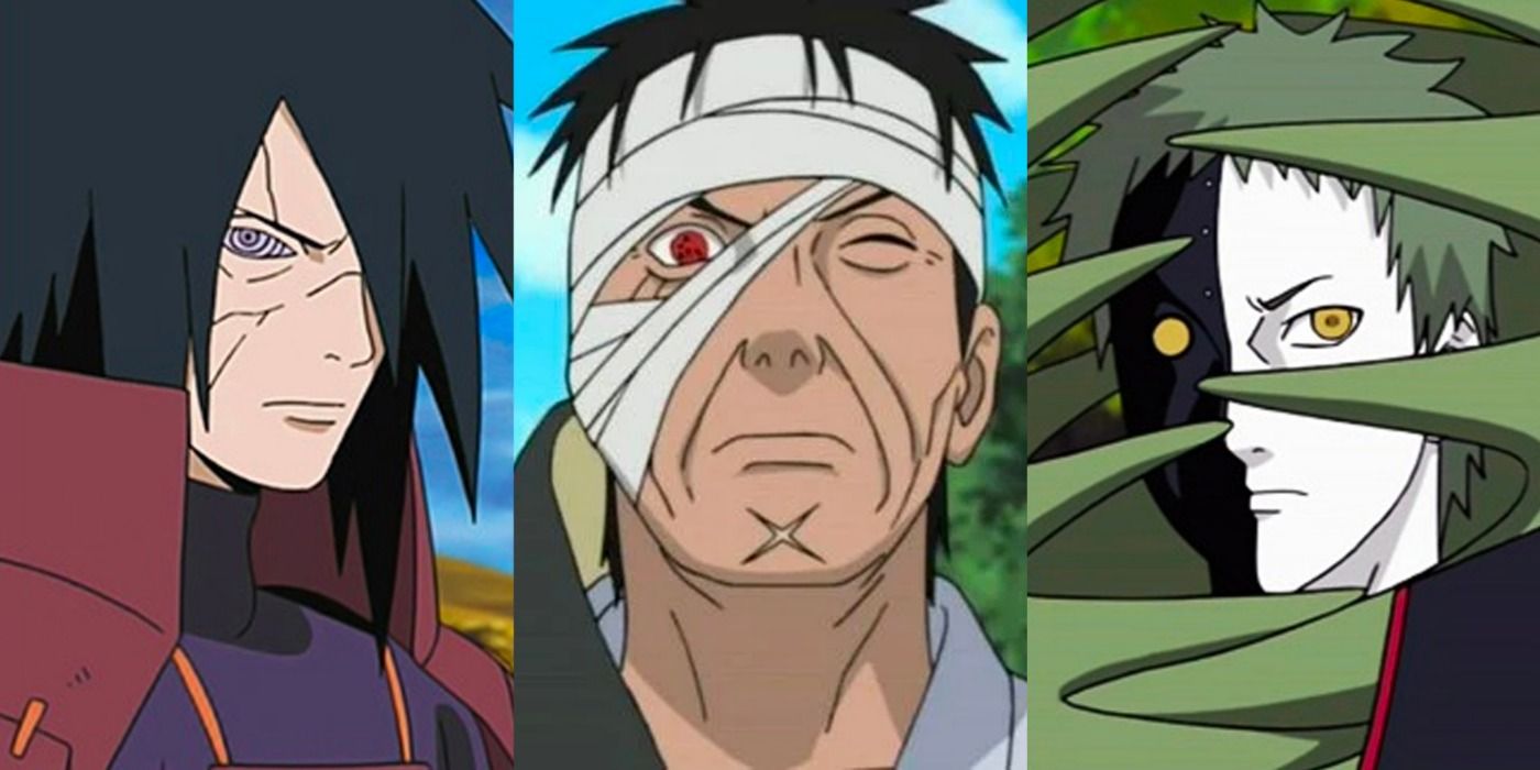 A split image depicts Naruto villains Itachi, Danzo, and Zetsu