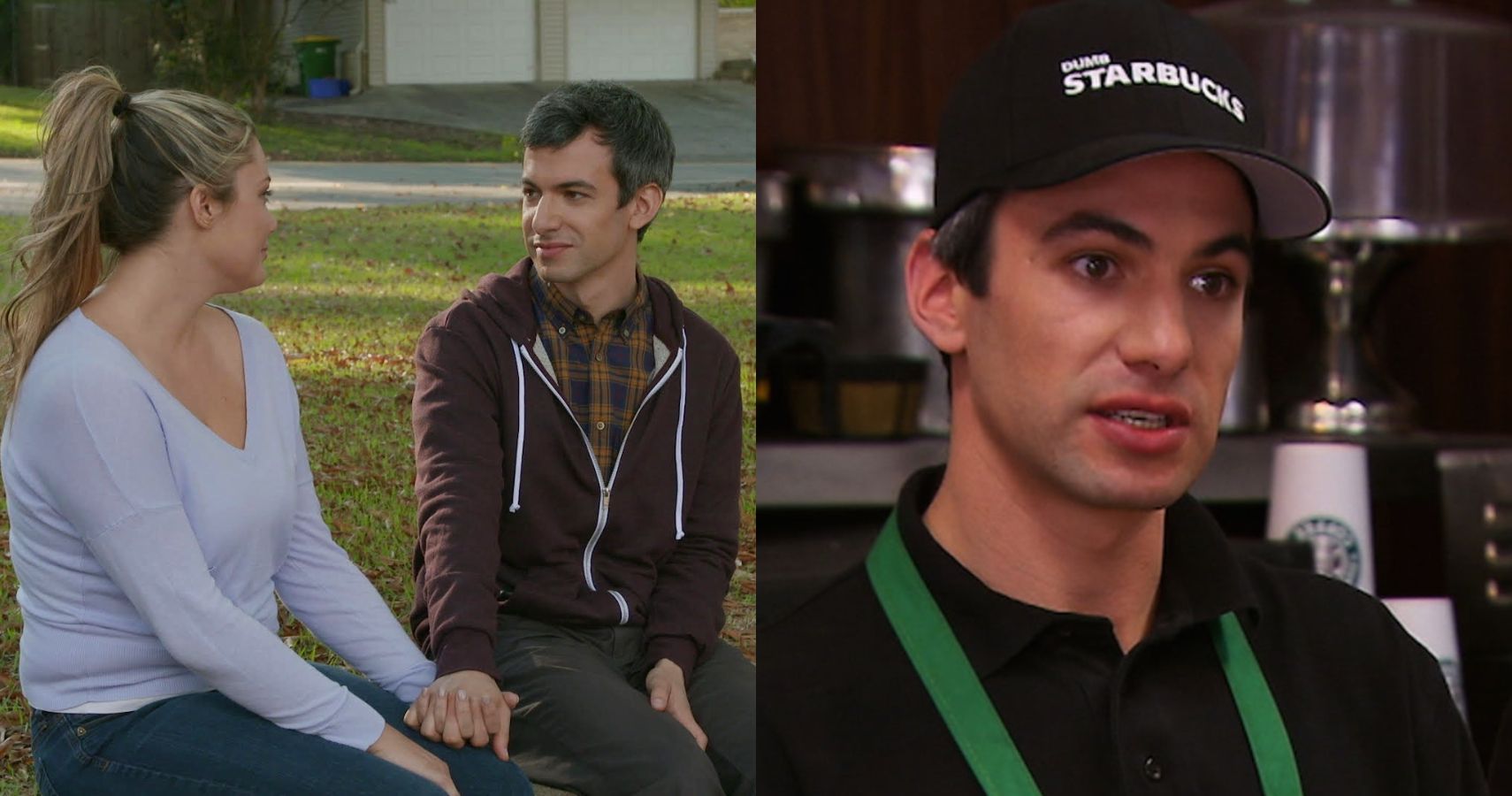 Nathan For You: Nathan And Girl Sitting On A Bench; Nathan Working At A Coffeshop