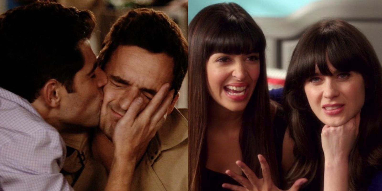 Split image of Schmidt kissing Nick and Cece with Jess