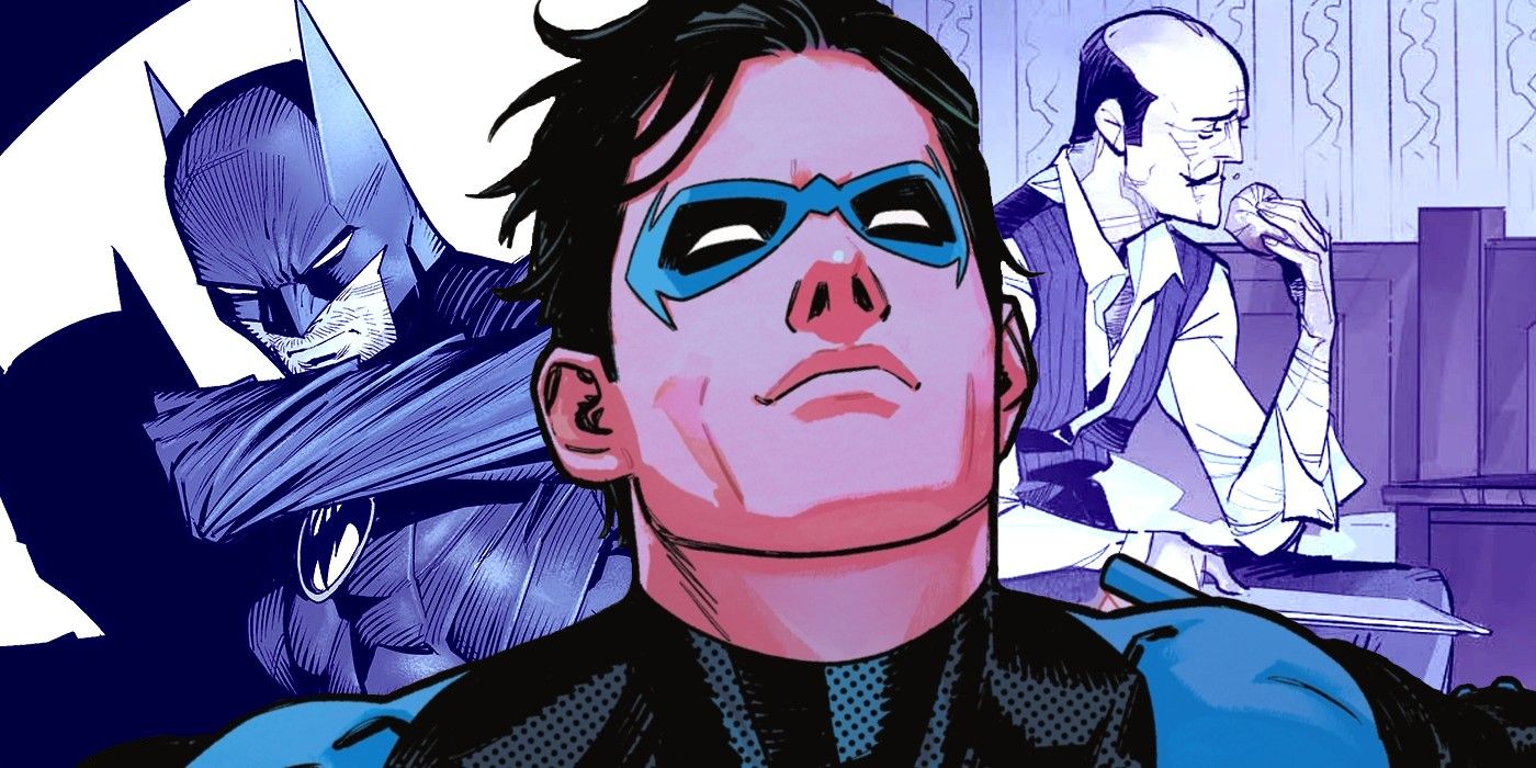 Comic book art: Nightwing in the middle with Batman and Alfred behind him.