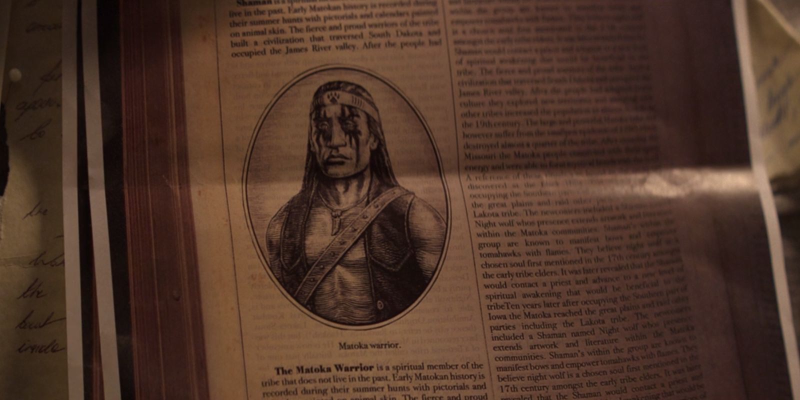 A cutout that refers to Nightwolf is pinned to a cork board in Mortal Kombat 2021