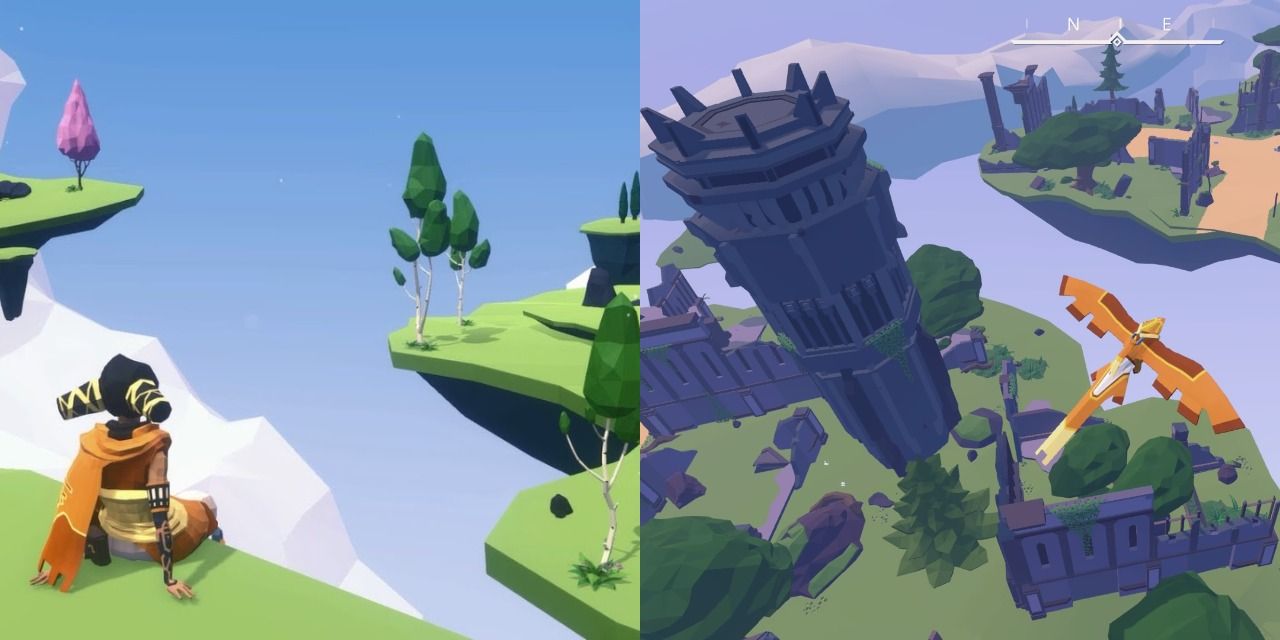 Two images showing a character sitting on the edge of a landmass floating in the sky and a bird soaring above buildings in AER Memories of Old on the Nintendo Switch.